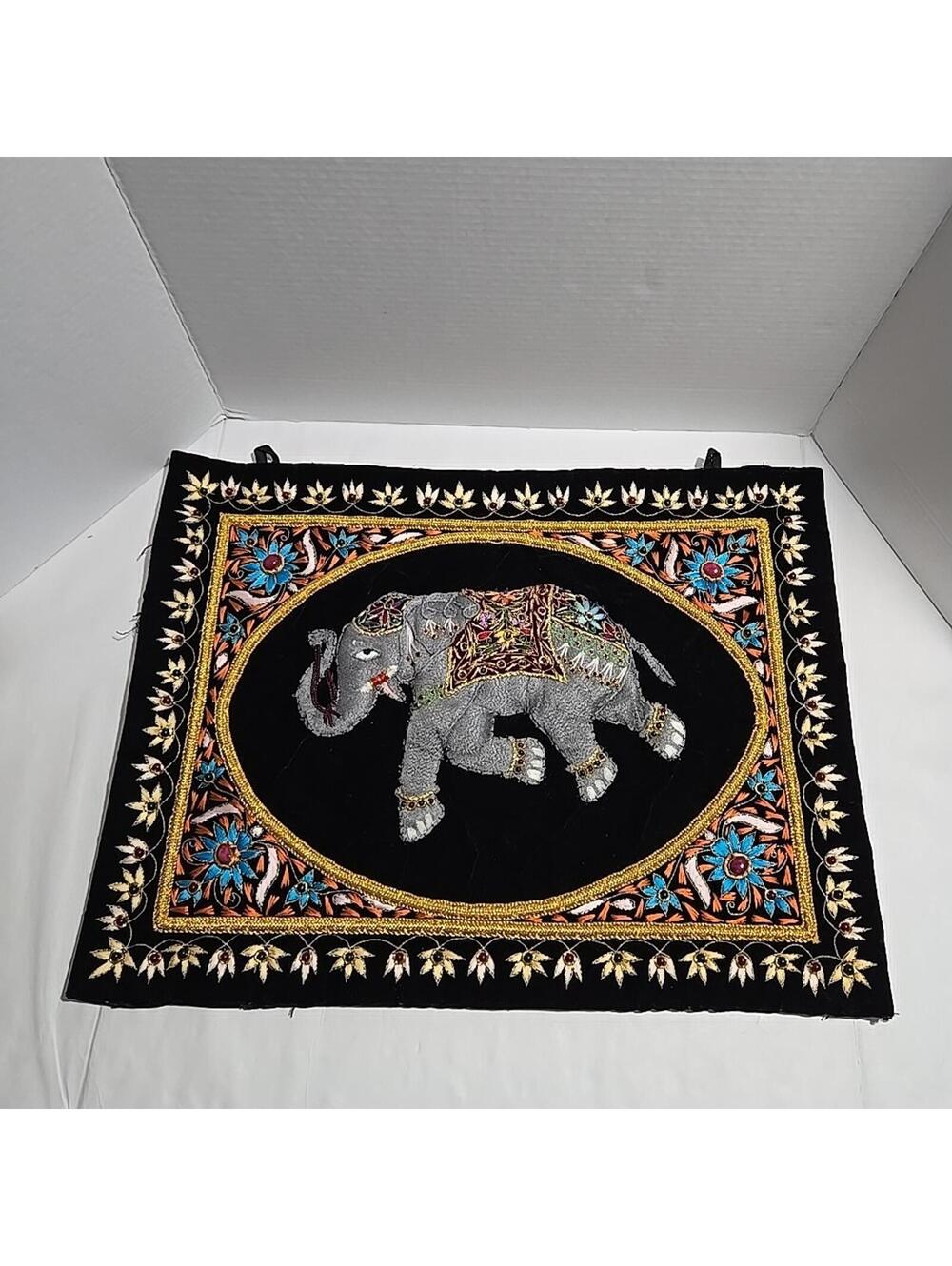 Royal Elephant Zardozi Embroidered & Jeweled Tapestry 3D Wall Art 24x18"